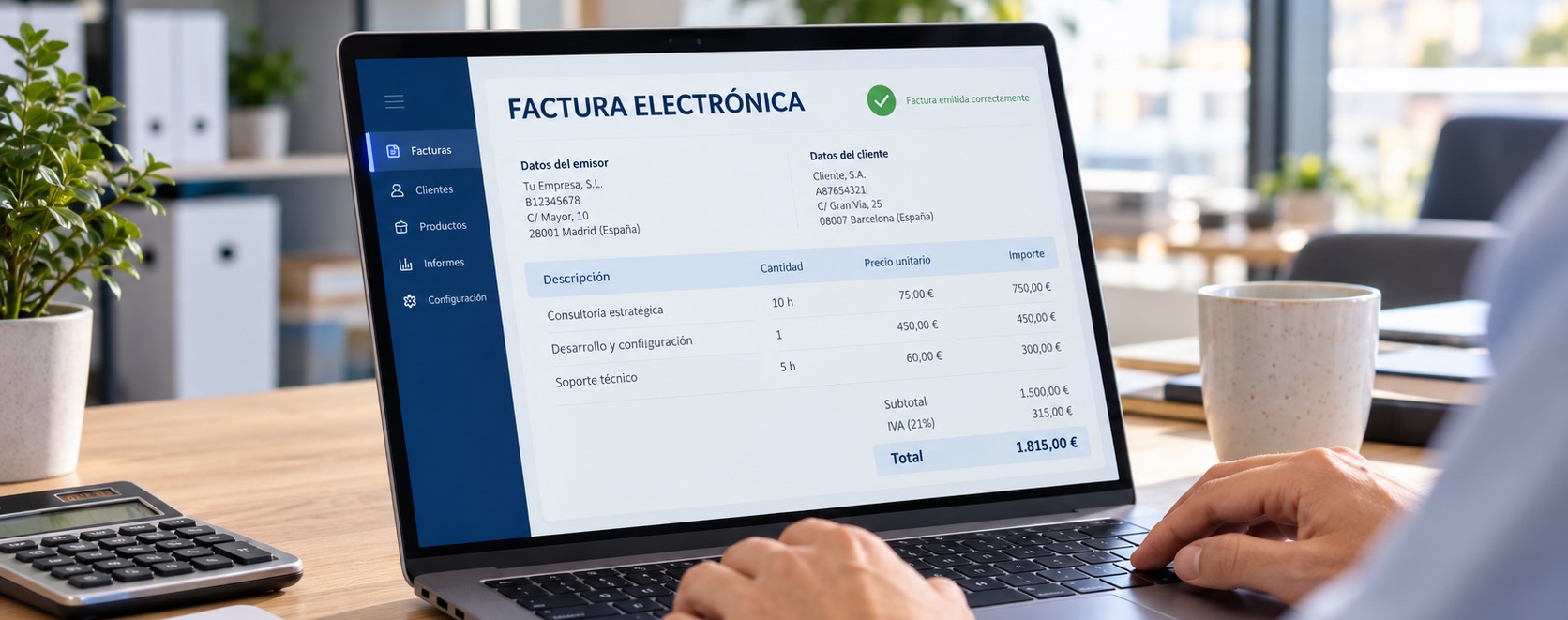 Person working on a laptop showing an e-invoice issued successfully, with issuer and client details, line items and VAT