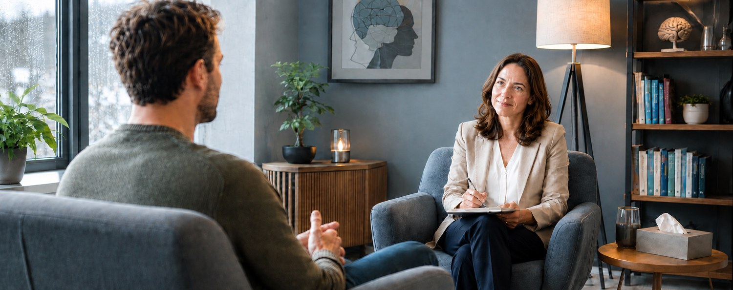 Psychologist taking notes while talking with a client in a bookshelf-lined therapy office