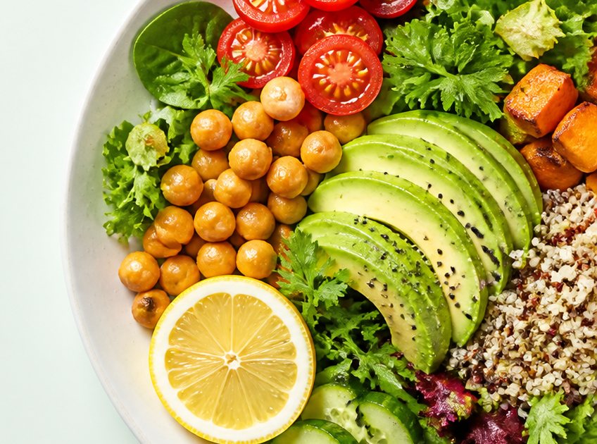 Bowl of healthy food with avocado, tomato, chickpeas and quinoa on a white plate