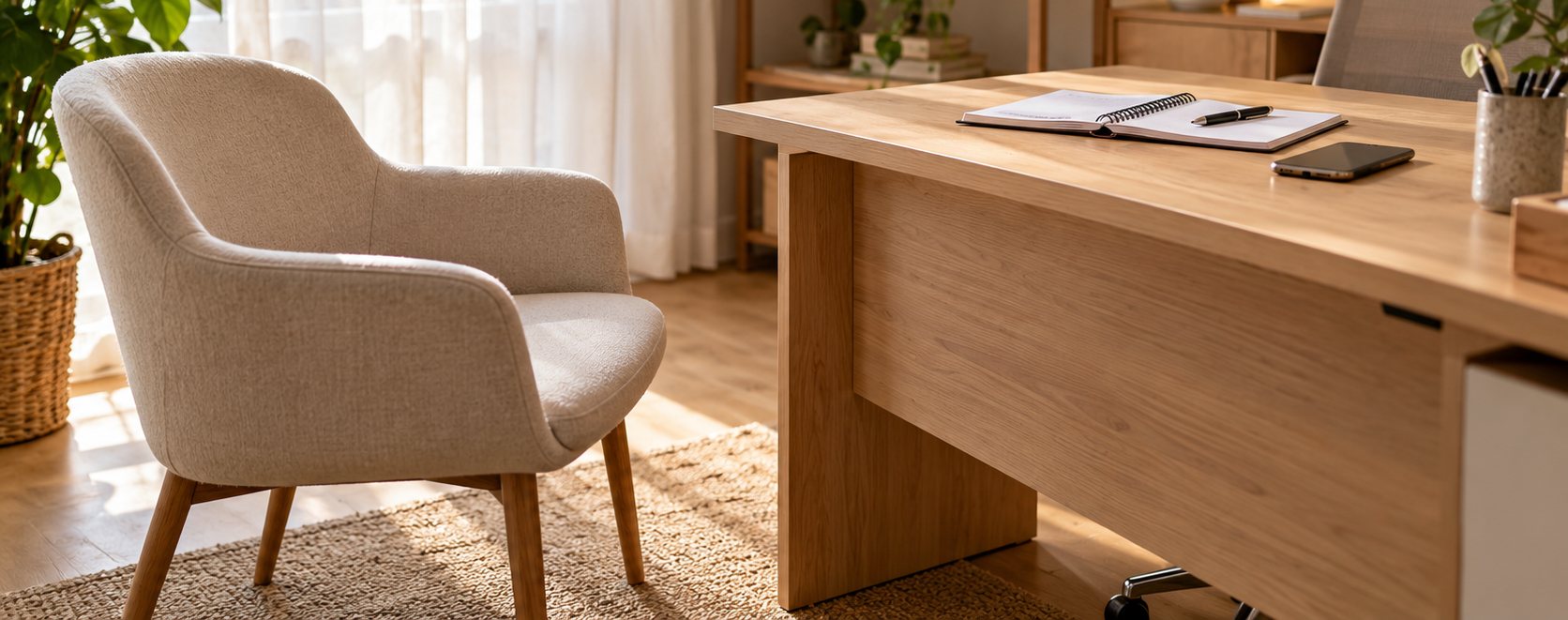 Empty armchair facing a wooden desk with an open planner and a phone, in a bright practice room with plants