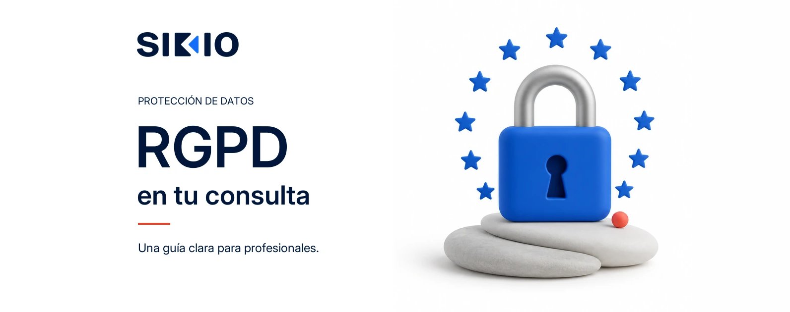 Illustration in Spanish with the title "GDPR in your practice. A clear guide for professionals" next to a blue padlock surrounded by the stars of the European flag