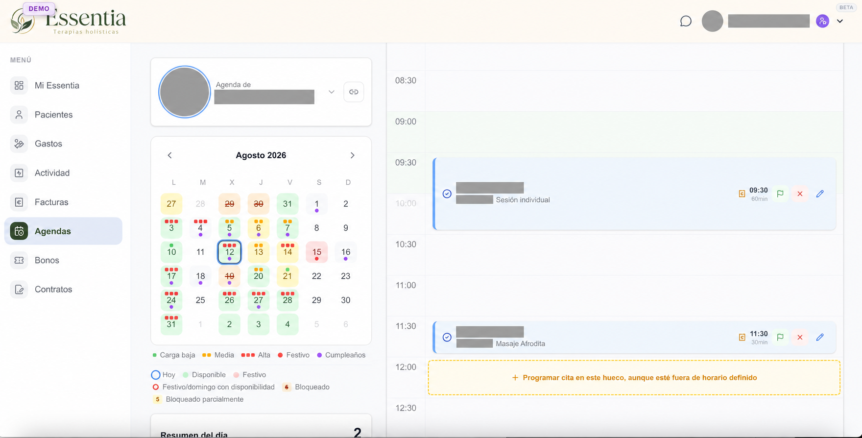 Agenda profesional de la base SIKIO CORE con datos identificativos ocultos.